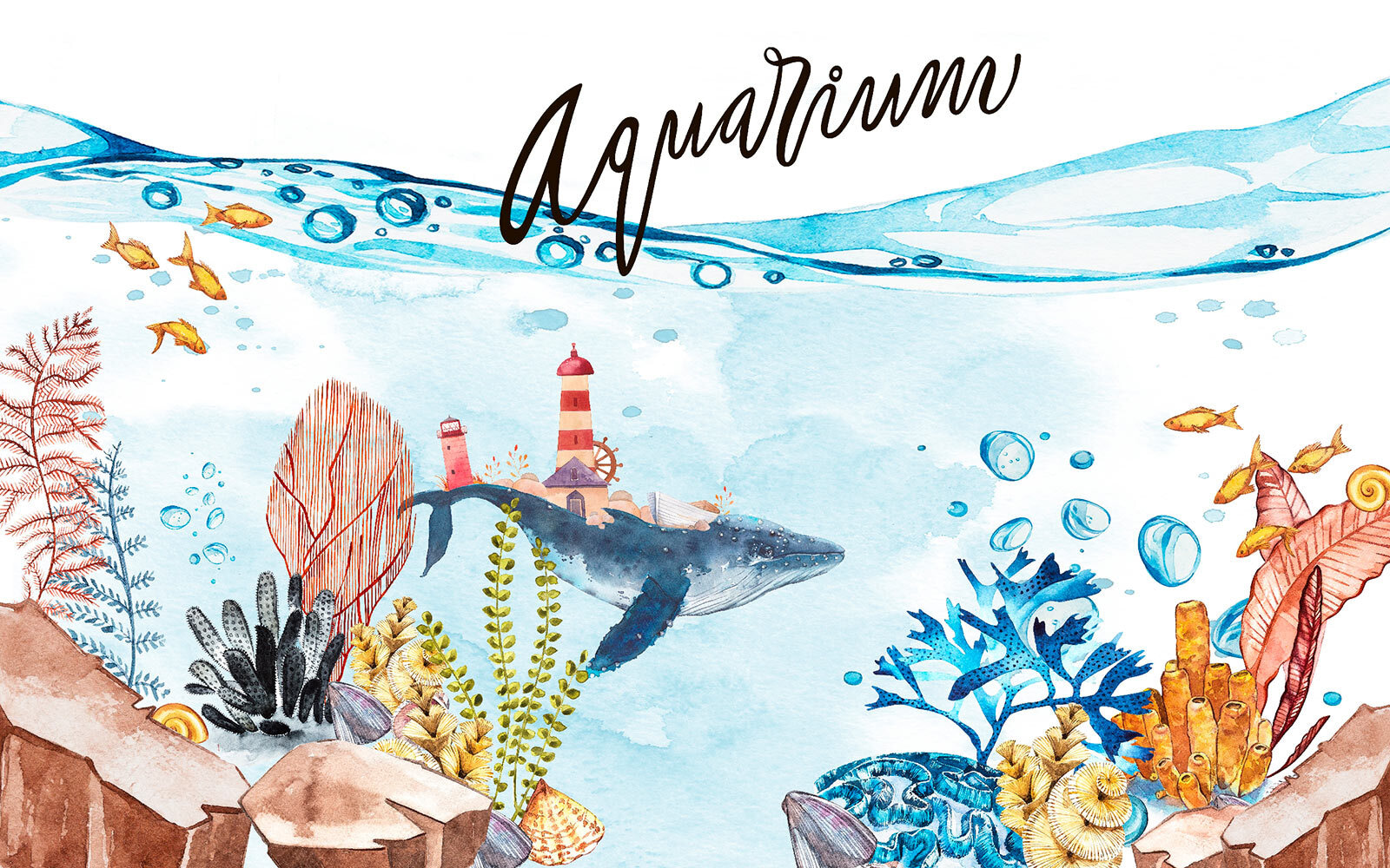 u34420p - Watercolor of a whale and a lighthouse - tegory