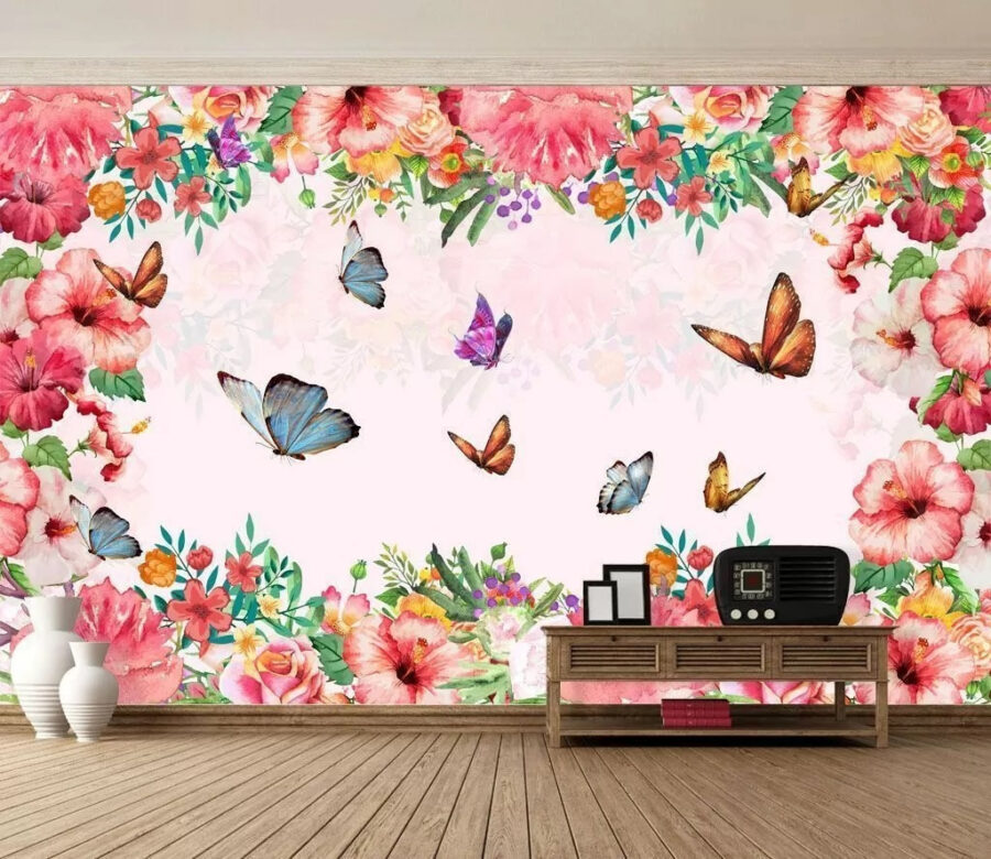 Group of butterflies and flowers