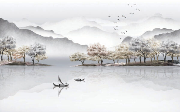 Painting of a lake with trees and mountains Painting of a lake with trees and mountains