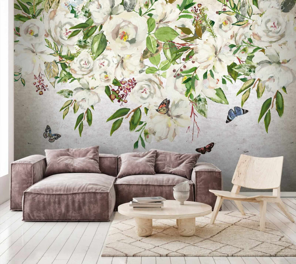 Painting of white flowers and butterflies u33223pig3 1024x912 - Painting of white flowers and butterflies - tegory