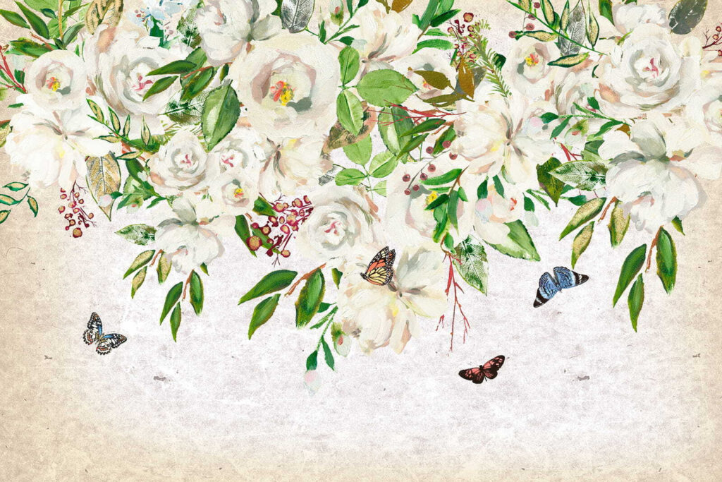 Painting of white flowers and butterflies Painting of white flowers and butterflies