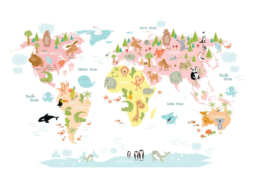Map of the world with animals Map of the world with animals