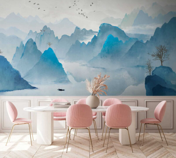 Watercolor painting of mountains and birds