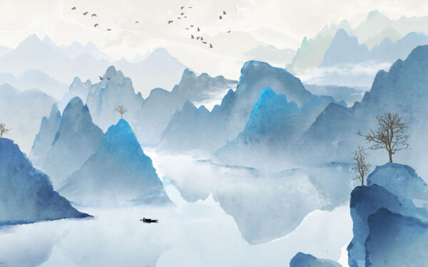 Watercolor painting of mountains and birds