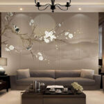 Wall murals Tree branch with white flowers and a bird on it