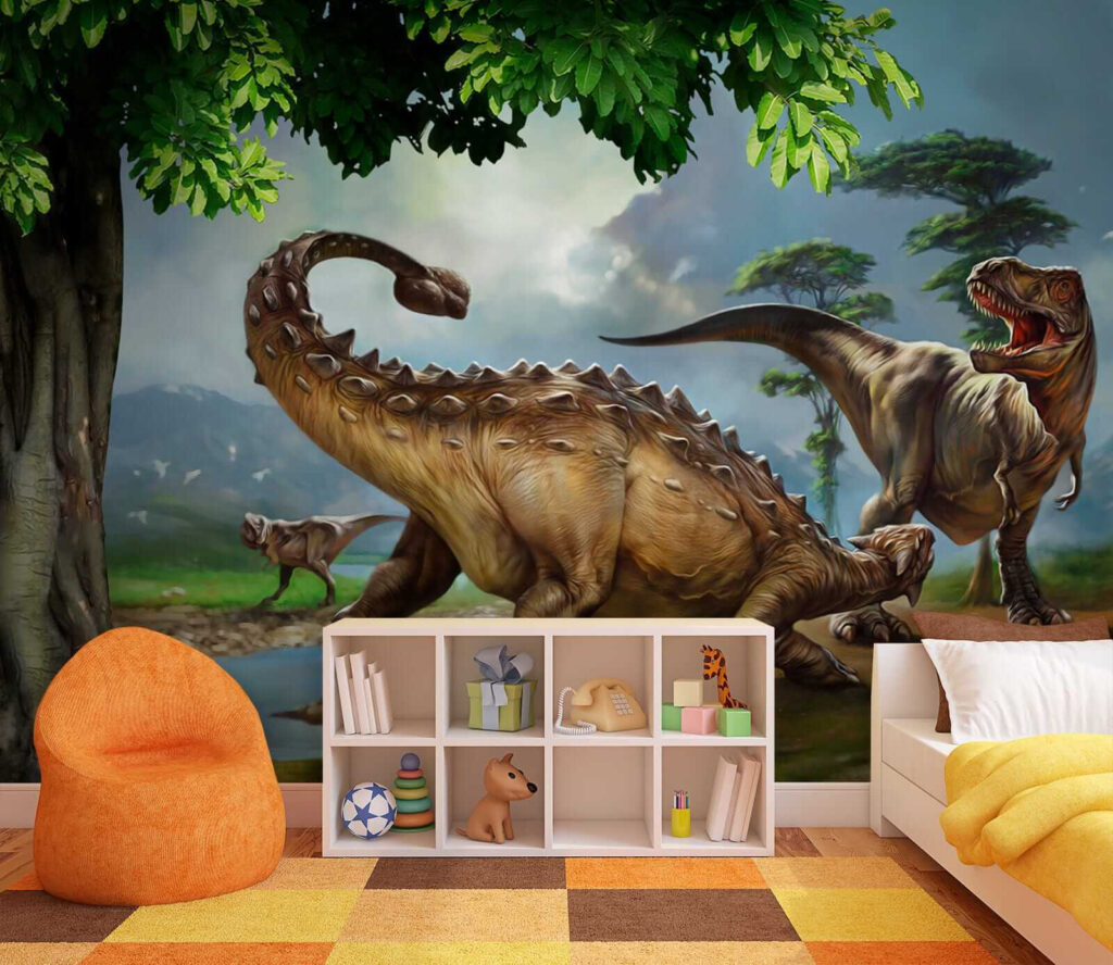 Painting of dinosaurs near a river