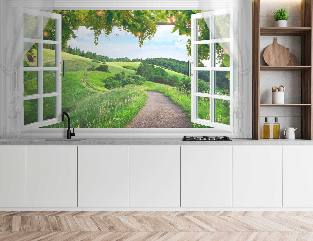 Window with open doors and a path through a grassy field
