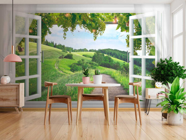 Window with open doors and a path through a grassy field Window with open doors and a path through a grassy field