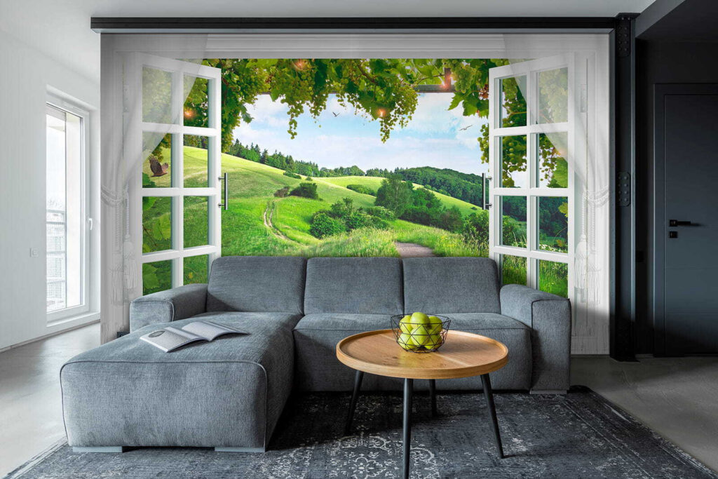 Window with open doors and a path through a grassy field Window with open doors and a path through a grassy field