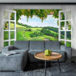Pattern of butterflies and dots Wall murals Window with open doors and a path through a grassy field