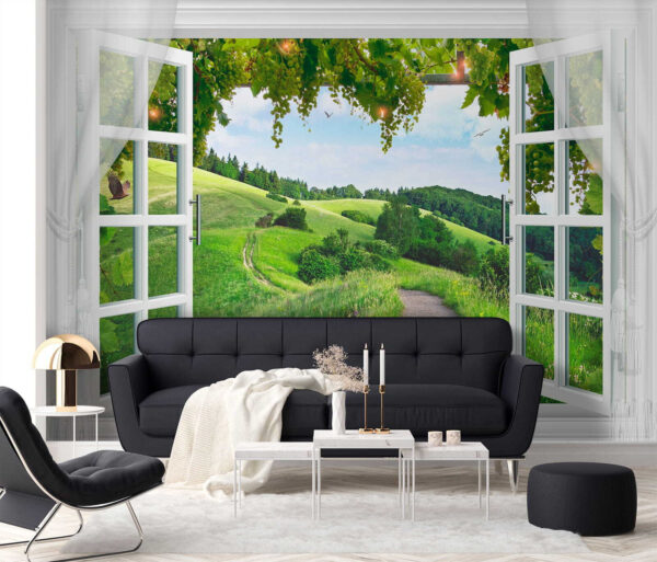 Window with open doors and a path through a grassy field Window with open doors and a path through a grassy field