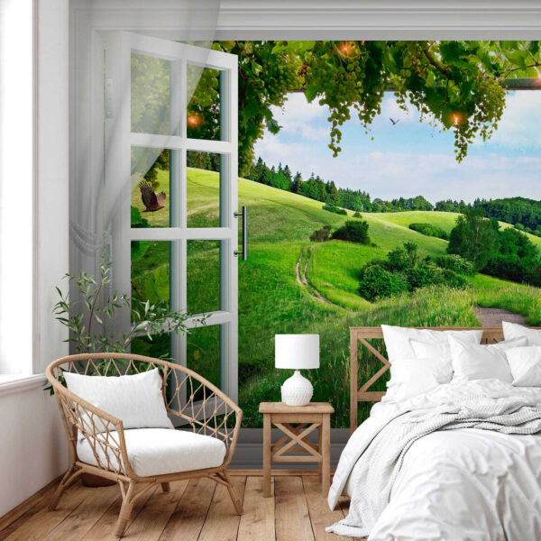 Window with open doors and a path through a grassy field Window with open doors and a path through a grassy field