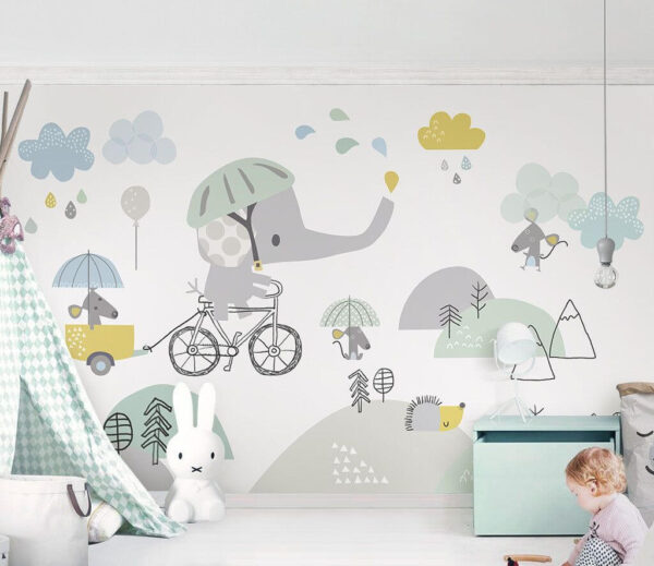 Wall murals Wall murals Cartoon elephant riding a bicycle (SKU: u28124)
