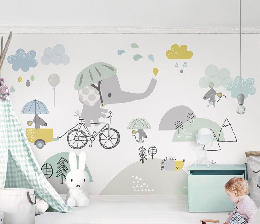Wall murals Cartoon elephant riding a bicycle