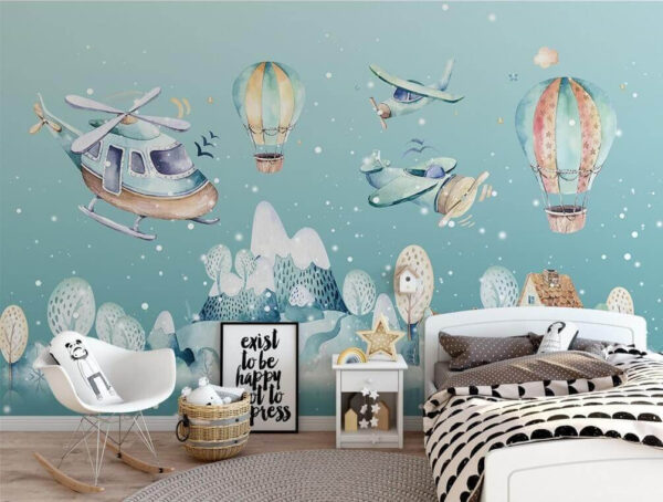 Watercolor illustration of a helicopter and hot air balloons Watercolor illustration of a helicopter and hot air balloons