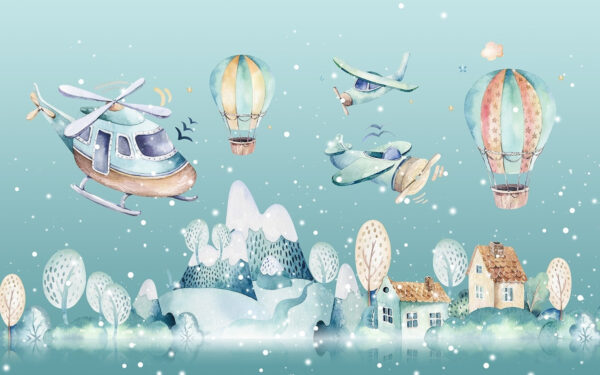 Watercolor illustration of a helicopter and hot air balloons Watercolor illustration of a helicopter and hot air balloons