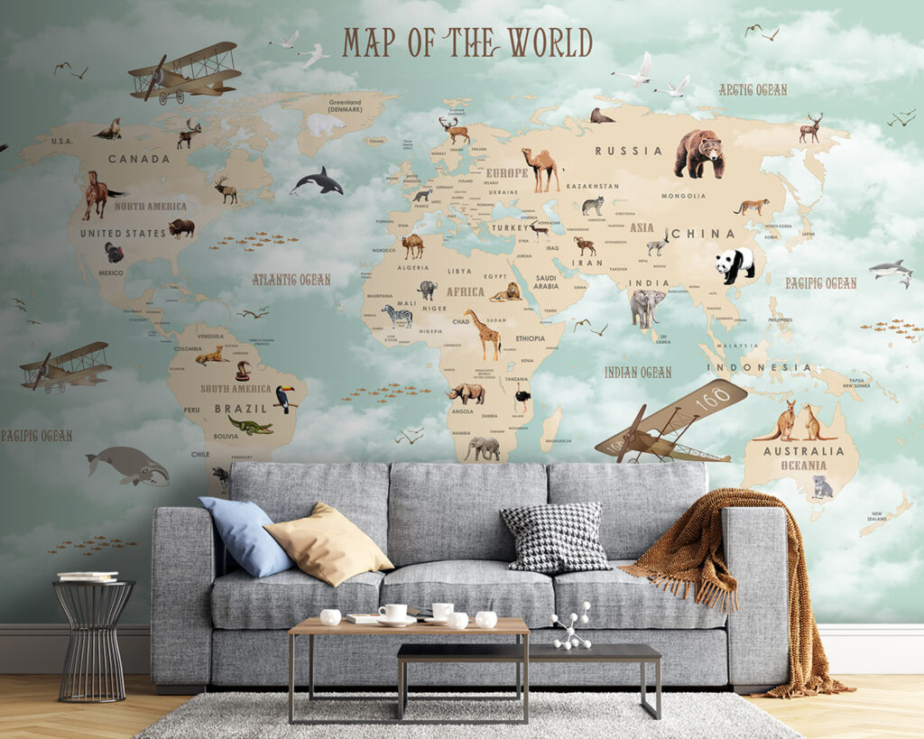 Map of the world with animals