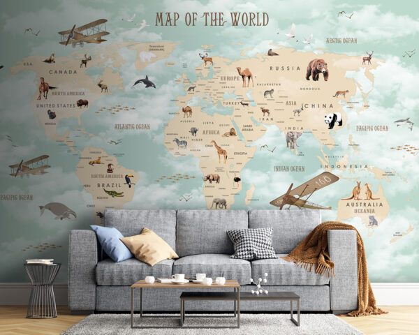 Map of the world with animals
