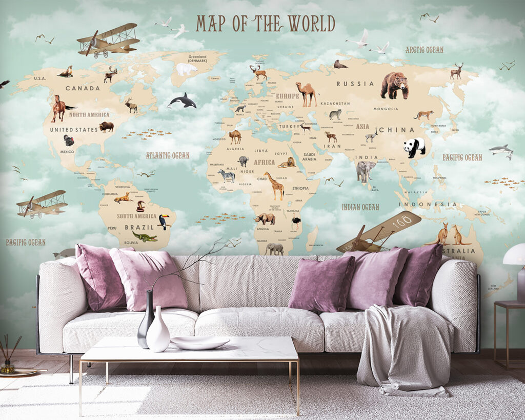 Map of the world with animals