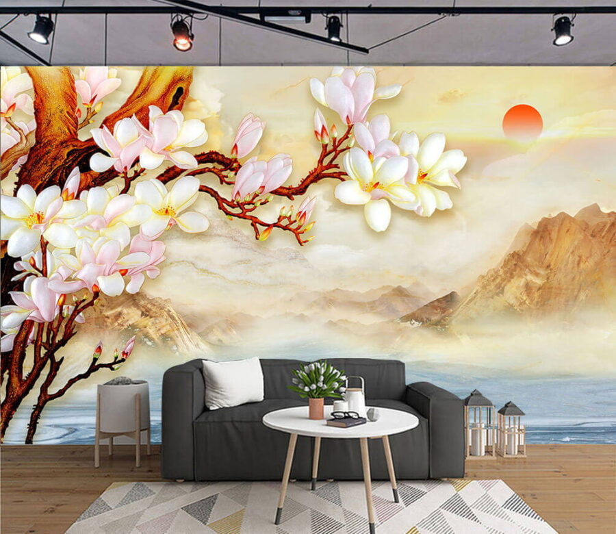 Painting of a branch with flowers and mountains in the background u25029pig1m 900x780 - Painting of a branch with flowers and mountains in the background - tegory
