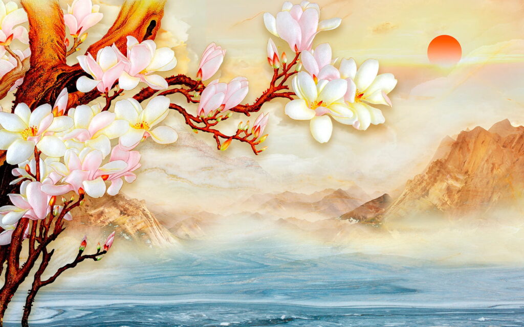 Painting of a branch with flowers and mountains in the background Painting of a branch with flowers and mountains in the background