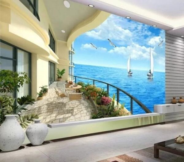 Balcony with a view of the ocean and boats Balcony with a view of the ocean and boats