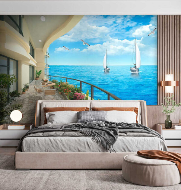 Balcony with a view of the ocean and boats Balcony with a view of the ocean and boats