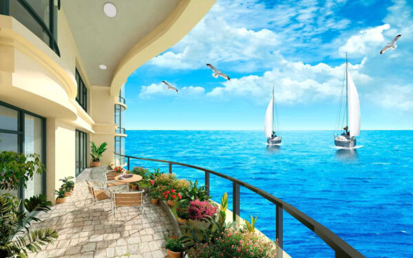 Balcony with a view of the ocean and boats Balcony with a view of the ocean and boats