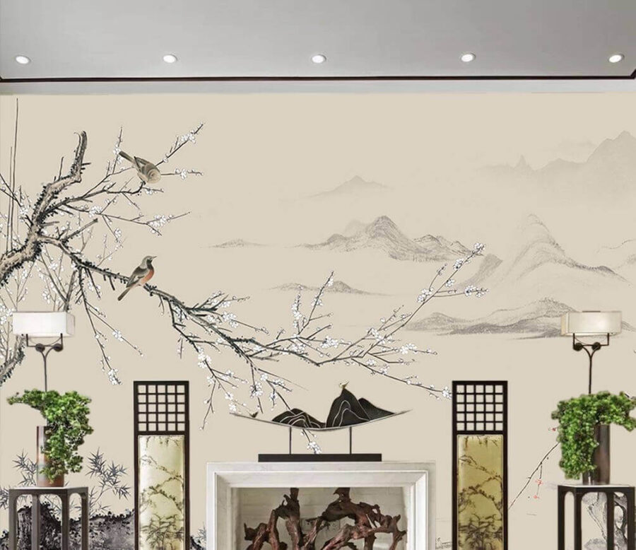 Painting of birds on a branch