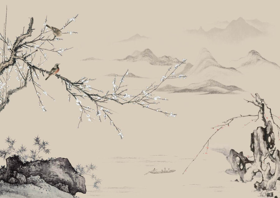 Painting of birds on a branch