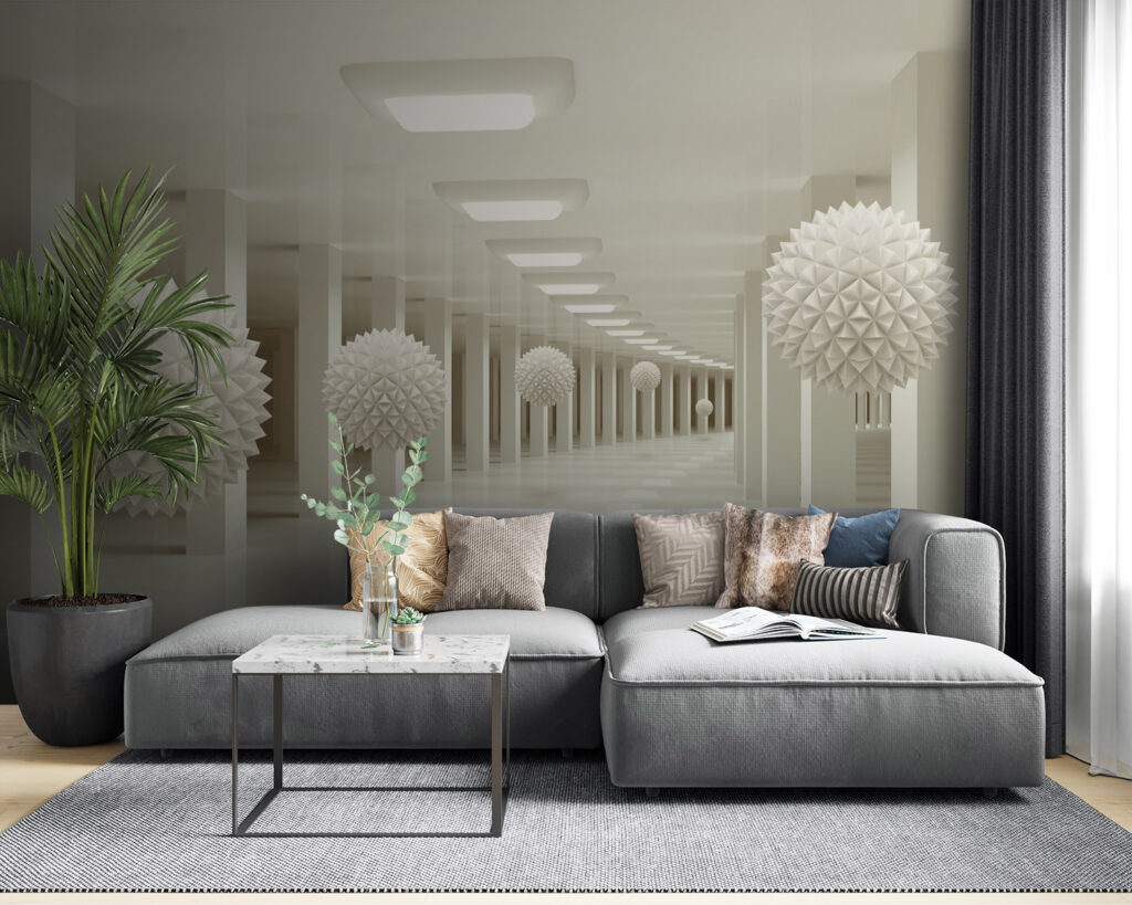 White room with white balls from the ceiling