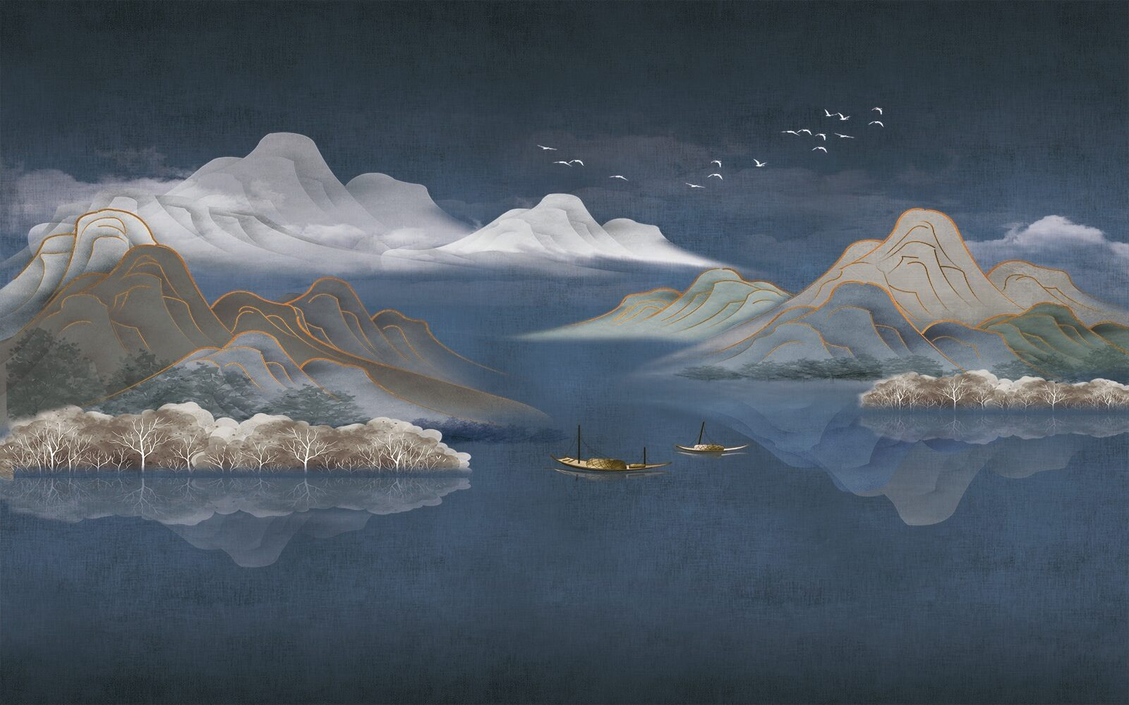 u24096p - Painting of mountains and boats in water - tegory