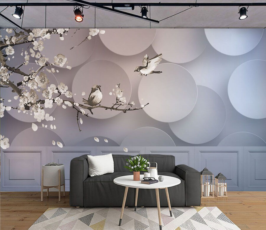 Wall mural of birds on a branch with white circles and white circles Wall mural of birds on a branch with white circles and white circles