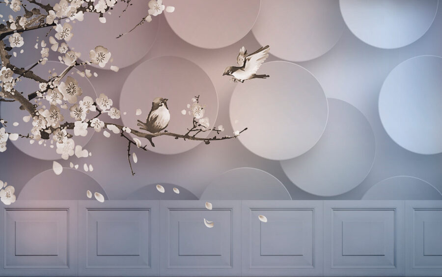 Wall mural of birds on a branch with white circles and white circles