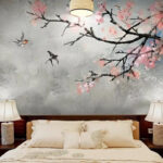 Wall murals Tree branch with pink flowers and birds flying