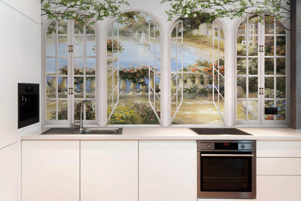 Wall mural of a garden with a view of a balcony