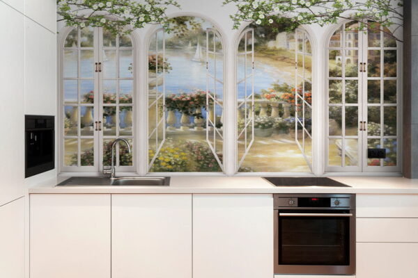 Wall mural of a garden with a view of a balcony