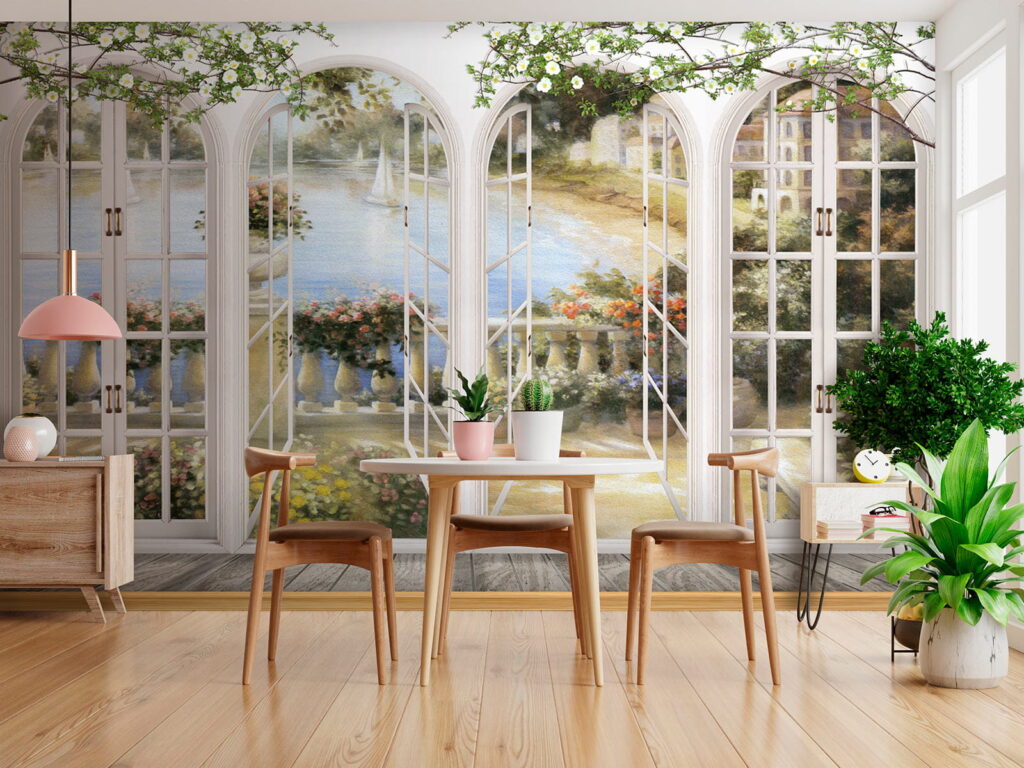 Wall mural of a garden with a view of a balcony