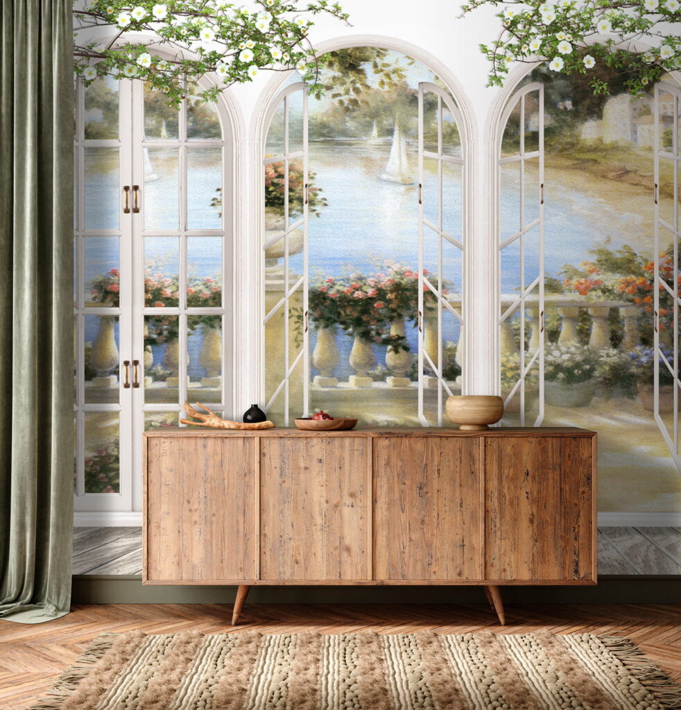 Wall mural of a garden with a view of a balcony