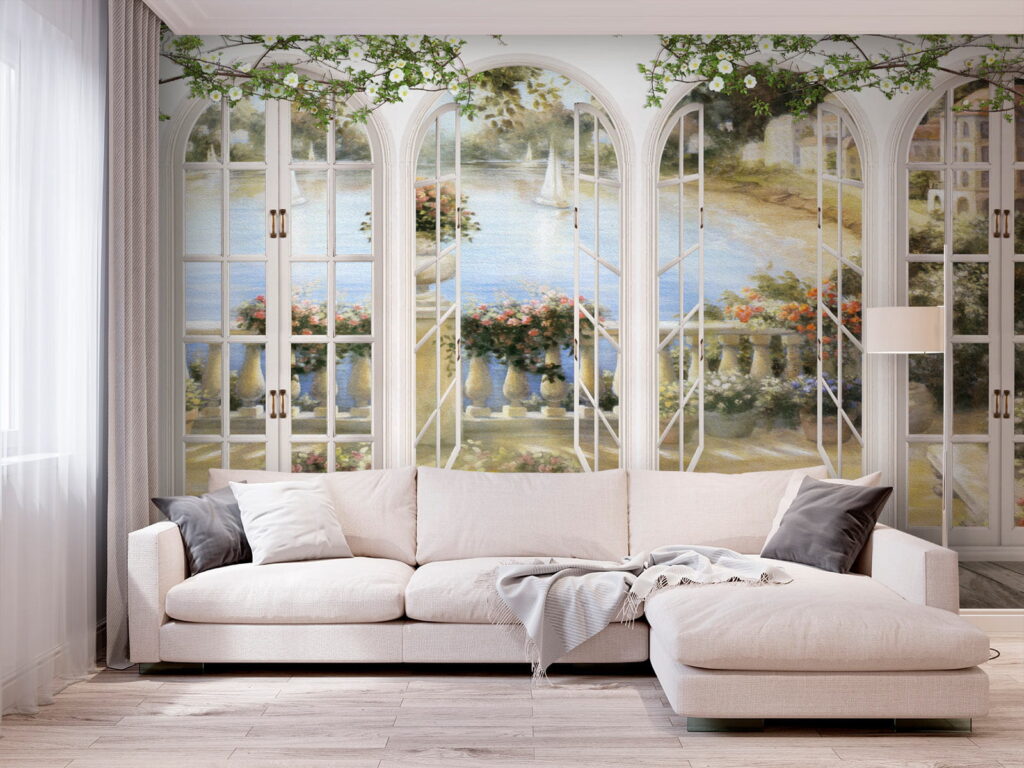 Wall mural of a garden with a view of a balcony