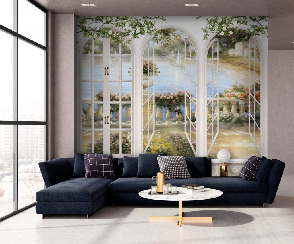Wall mural of a garden with a view of a balcony