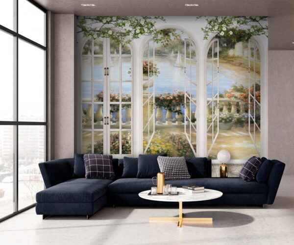 Wall mural of a garden with a view of a balcony
