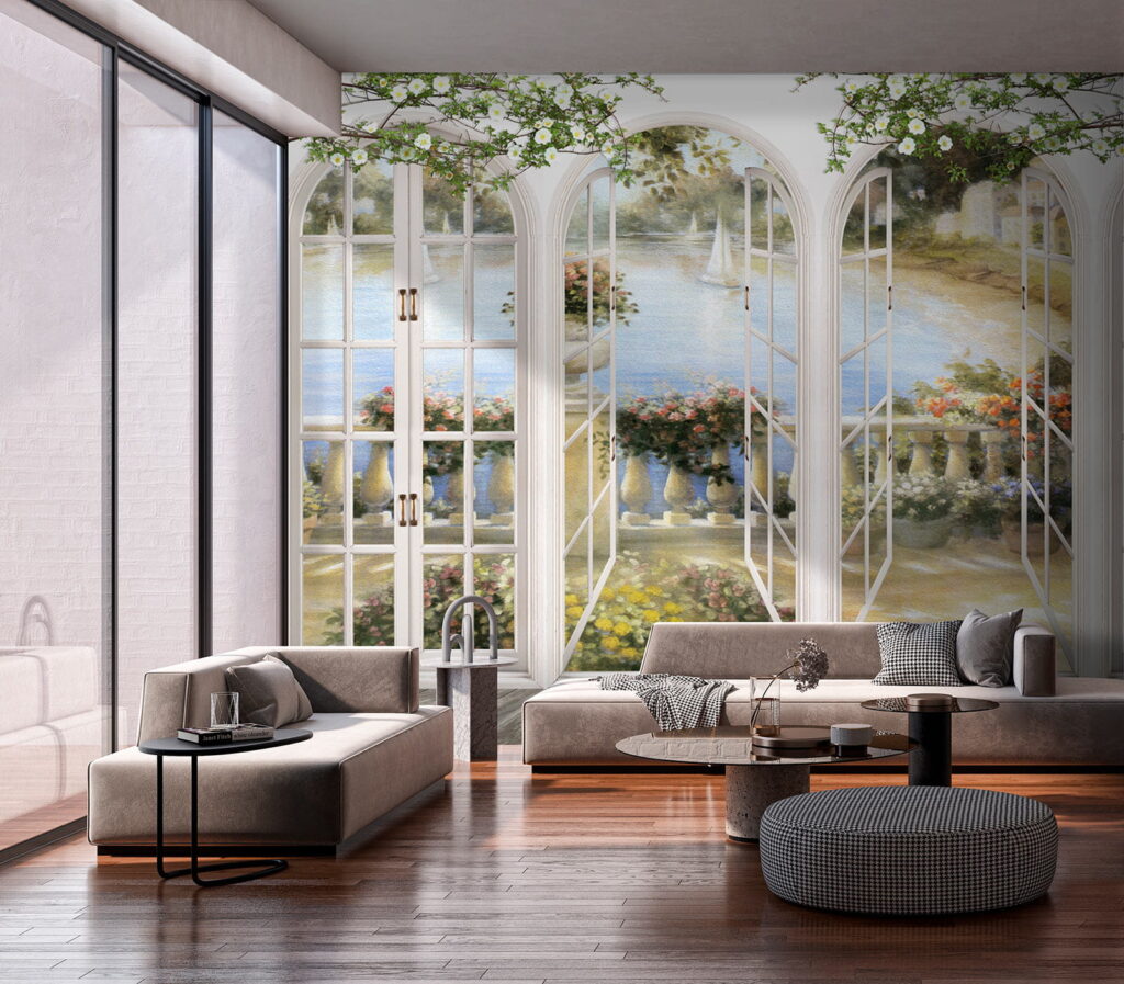 Wall mural of a garden with a view of a balcony