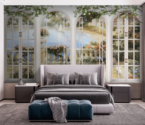Wall mural of a garden with a view of a balcony
