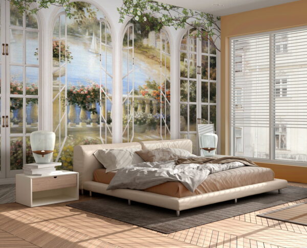 Wall mural of a garden with a view of a balcony