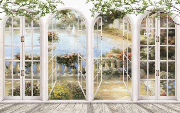 Wall mural of a garden with a view of a balcony