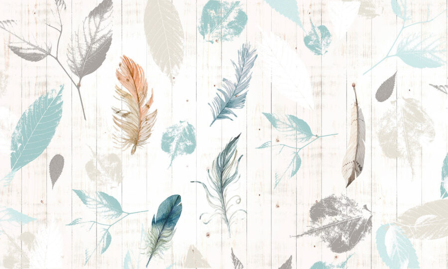Group of feathers on a wood surface