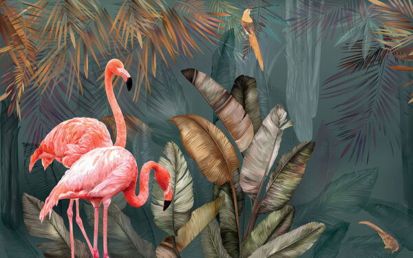 Pink flamingos and a bird in a forest Pink flamingos and a bird in a forest
