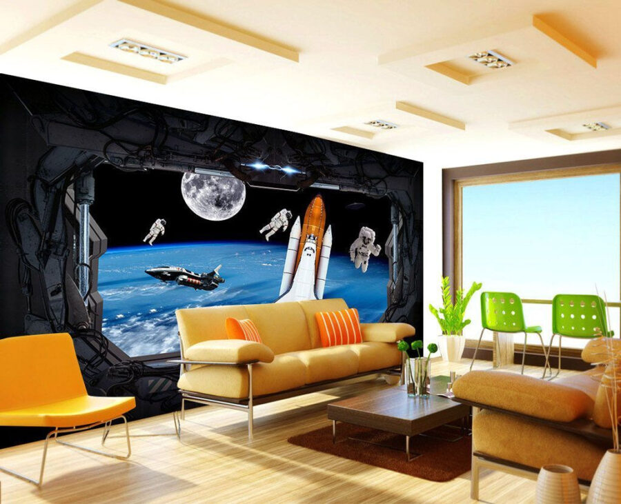 Space shuttle and astronauts in outer space