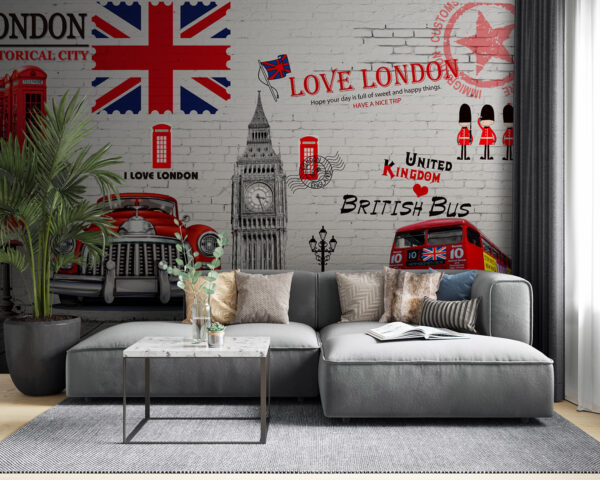 Red bus and a red bus painted on a wall Red bus and a red bus painted on a wall